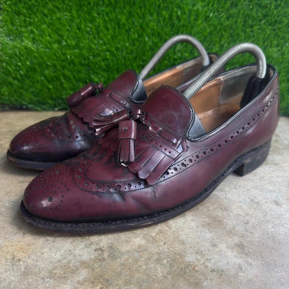 Vintage 90s Johnston and Murphy Tassel Loafers Wingtip Brogue Burgundy 8 D